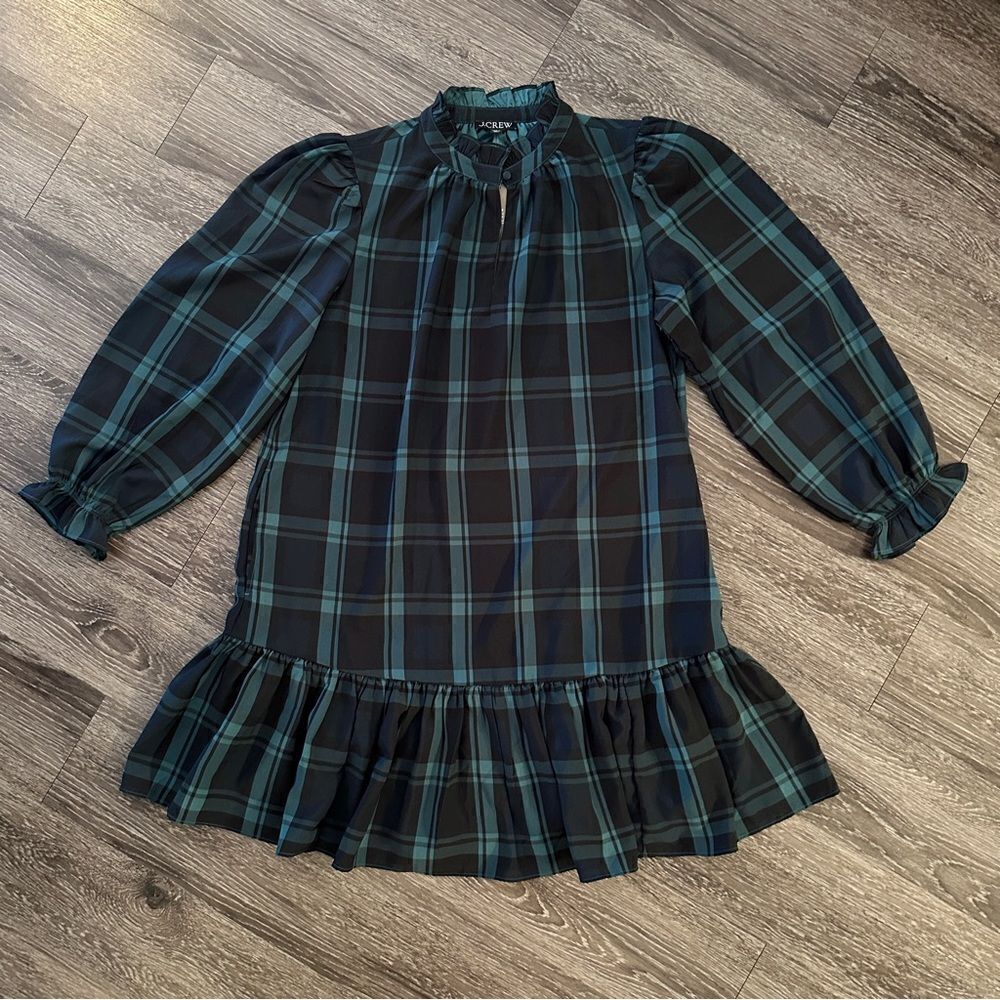 J. Crew Ruffle puff-sleeve dress in Black Watch tartan New